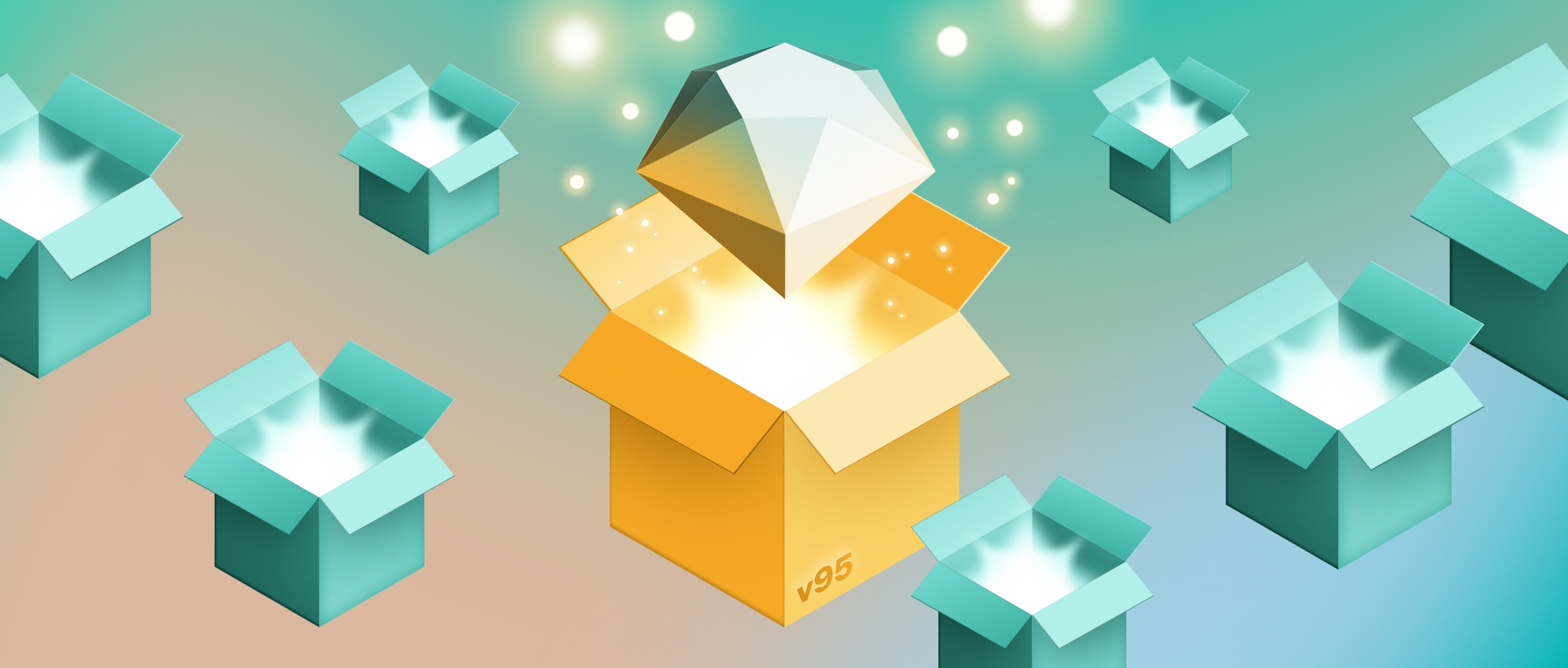 An image showing multiple boxes with a blue background. In the middle, the Sketch diamond is coming out of a yellow, shiny box.